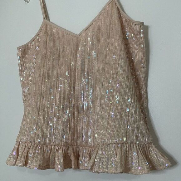 Anthropologie Pink sequin ruffle hem tank top size US 6 - Picture 3 of 6